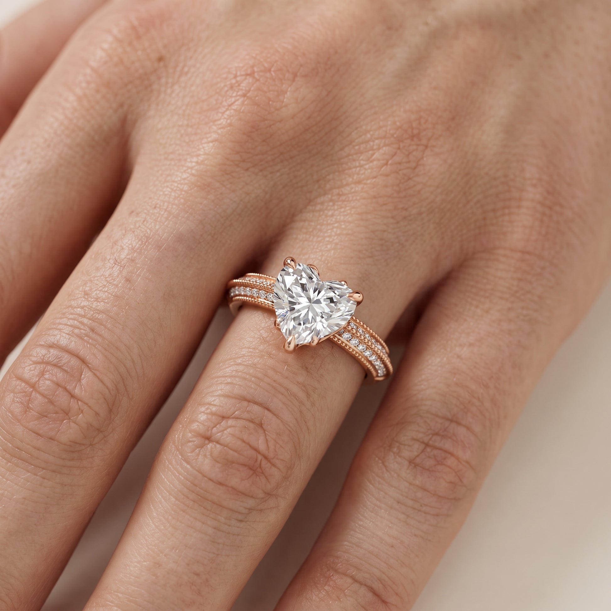 Indie Vintage Milgrain Heart Diamond Engagement Ring in Rose Gold - lifestyle.jpg