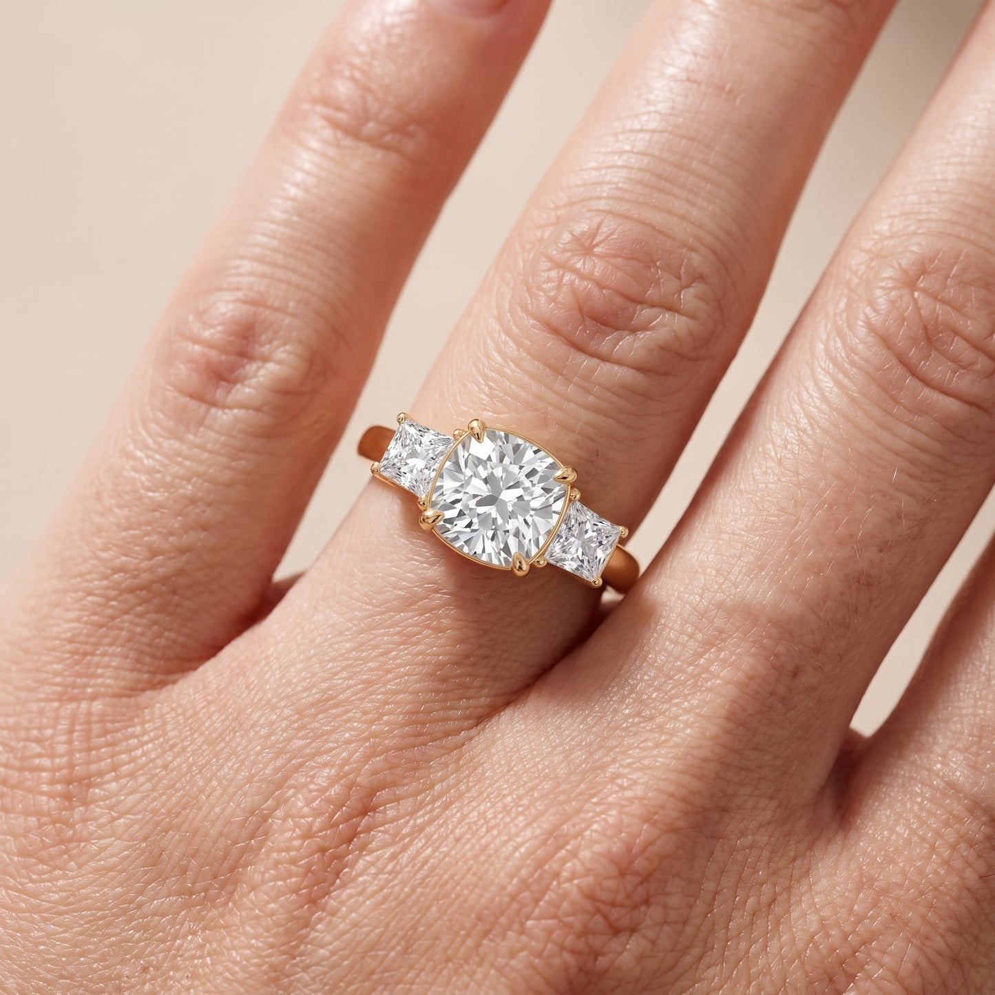 Selena Three-Stone Basket Cushion Diamond Ring in Yellow Gold - lifestyle.jpg