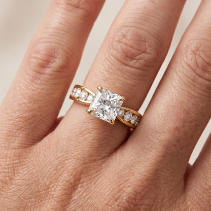 Noor Channel Set Sidestone Radiant Diamond Engagement Ring in Yellow Gold - lifestyle.jpg