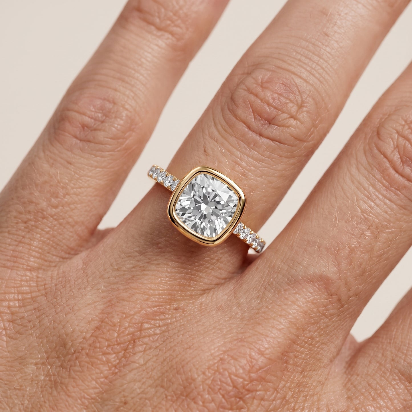 Cora Bezel Pavé Cushion Diamond Ring in Yellow Gold - lifestyle.jpg