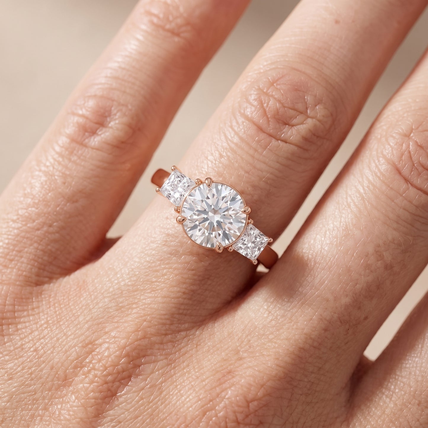 Selena Three-Stone Basket Round Diamond Ring in Rose Gold - lifestyle.jpg