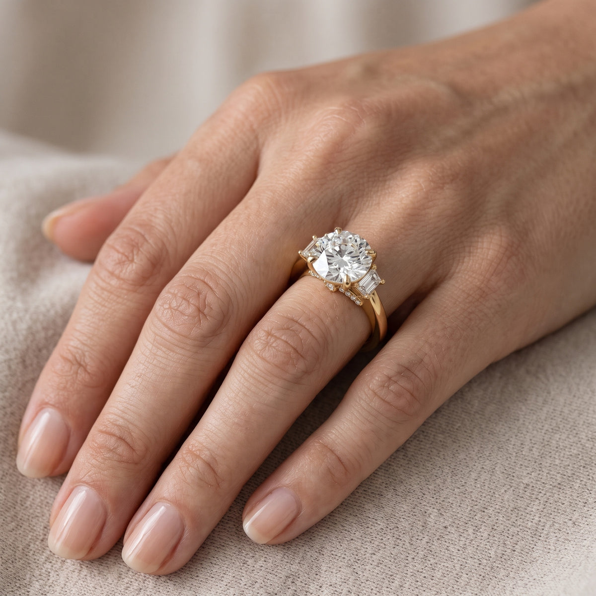 Eureka Trapezoid Three-Stone Round Diamond Engagement Ring in Silver - lifestyle.jpg