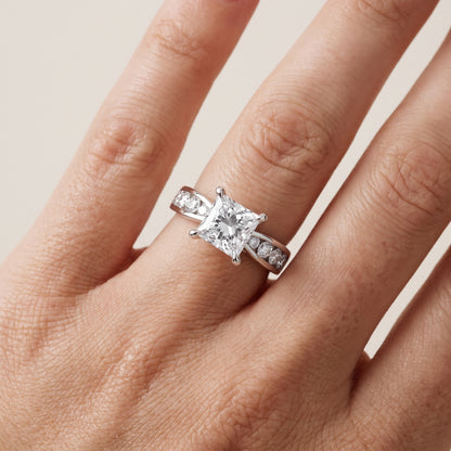 Noor Channel Set Sidestone Princess Diamond Engagement Ring in Silver - lifestyle.jpg