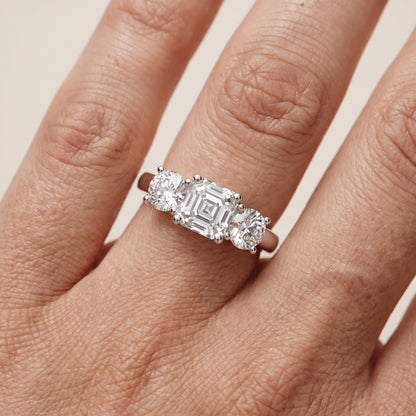 Callie Three-Stone Trellis Asscher Diamond Ring in Platinum - lifestyle.jpg