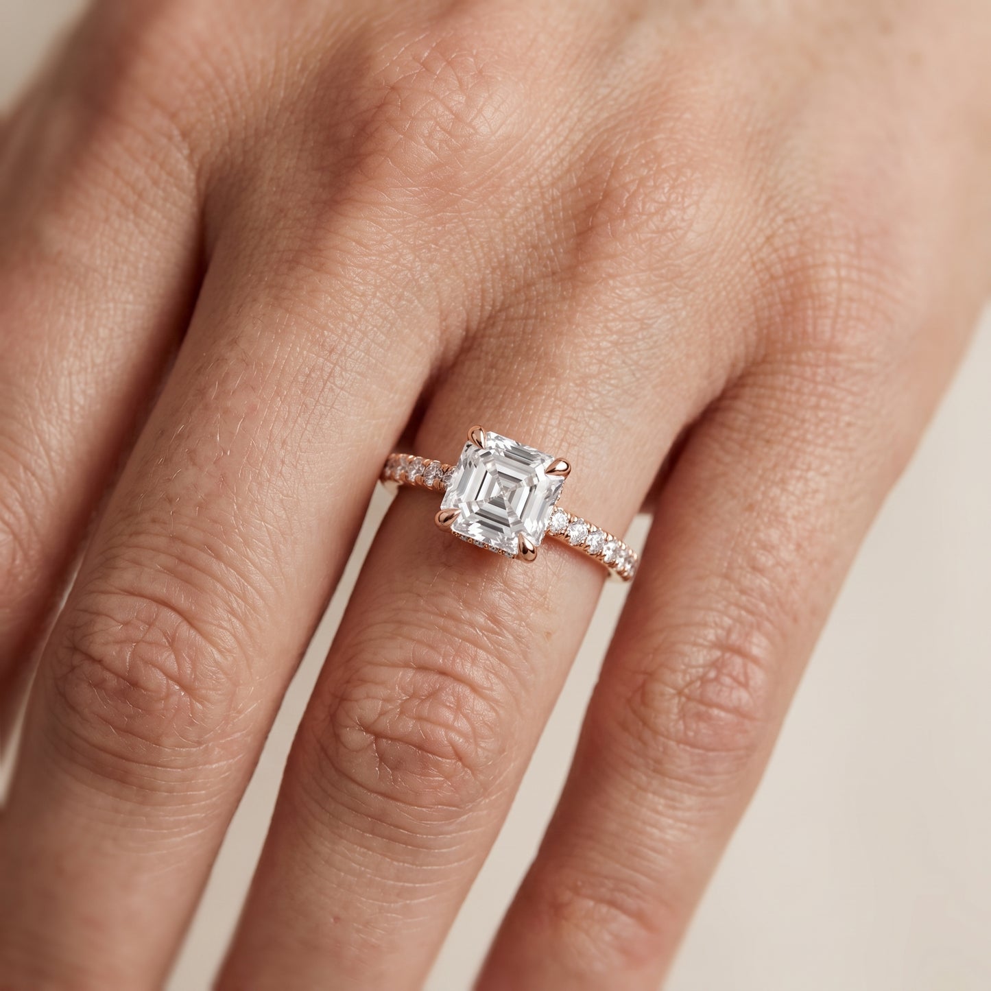 Maya Hidden Halo Pavé Asscher Diamond Engagement Ring in Rose Gold - lifestyle.jpg