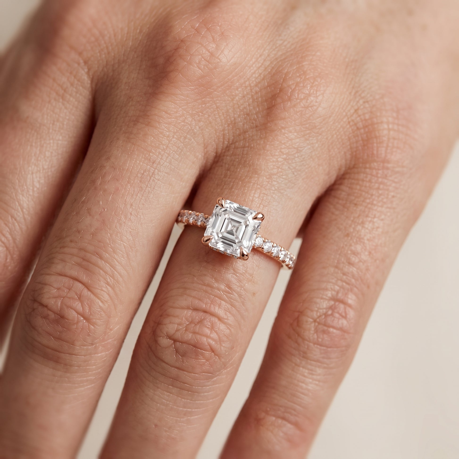 Maya Hidden Halo Pavé Asscher Diamond Engagement Ring in Rose Gold - lifestyle.jpg
