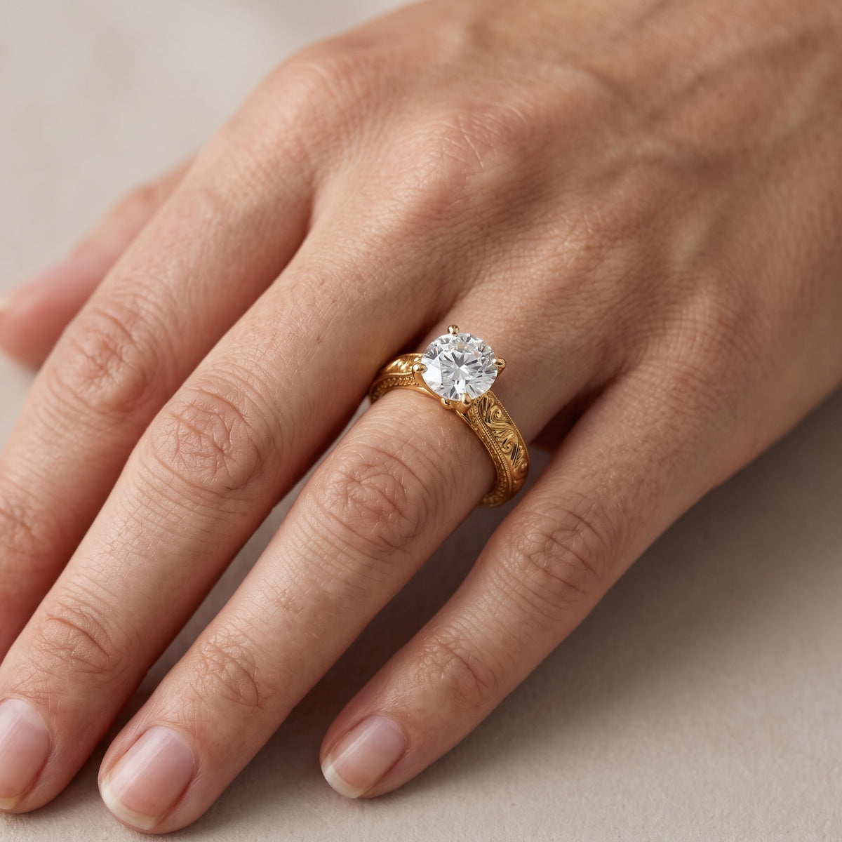 Fia Vintage Engraved Round Diamond Engagement Ring in Platinum - lifestyle.jpg