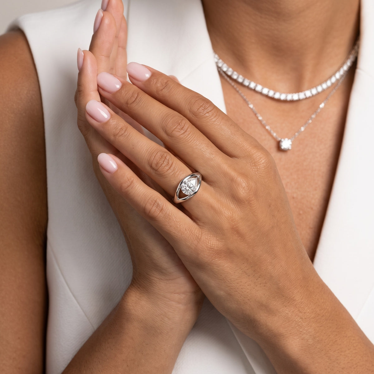 Madeleine Split Shank Pear Diamond Engagement Ring in White Gold - model.jpg