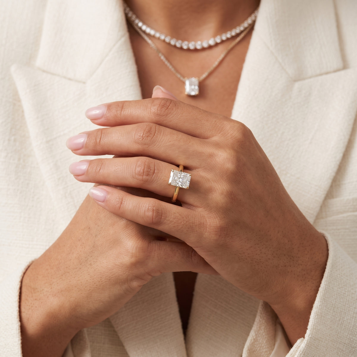 Sadie Cathedral Solitaire Radiant Diamond Engagement Ring in Yellow Gold - model.jpg