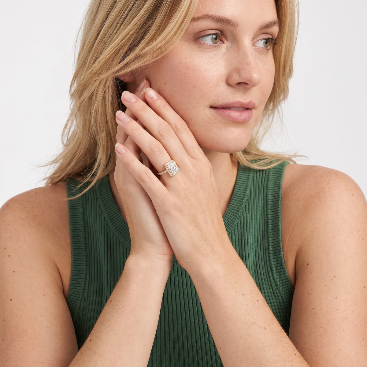 Alma Halo Pavé Radiant Diamond Engagement Ring in Yellow Gold - model.jpg