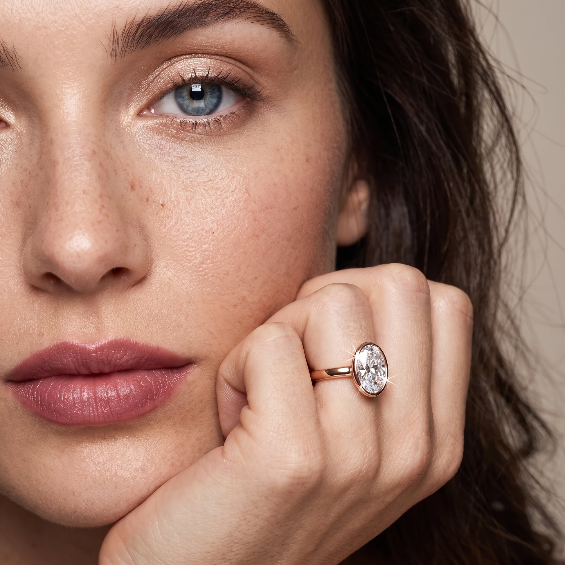 Jolie Bezel Solitaire Oval Diamond Engagement Ring in Rose Gold - model.jpg