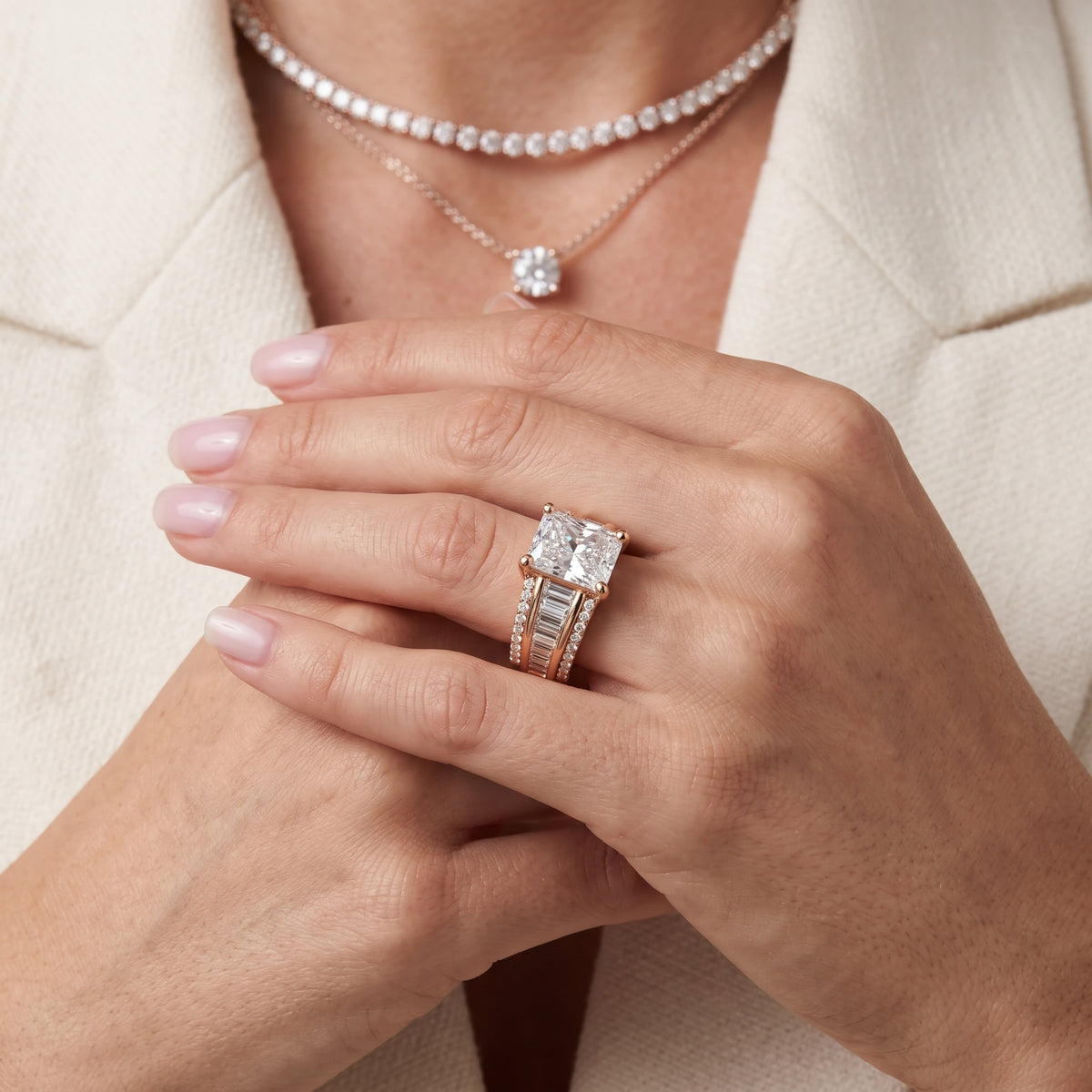 Tara Channel Set Baguette Accent Radiant Diamond Engagement Ring in Rose Gold - model.jpg