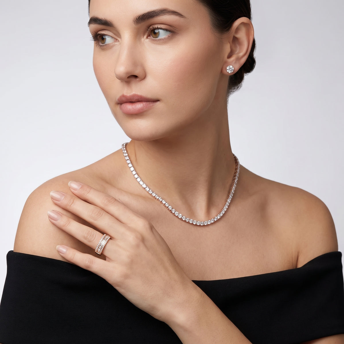 Caroline Channel Set Baguette & Round Diamond Anniversary Ring in Rose Gold - model.jpg