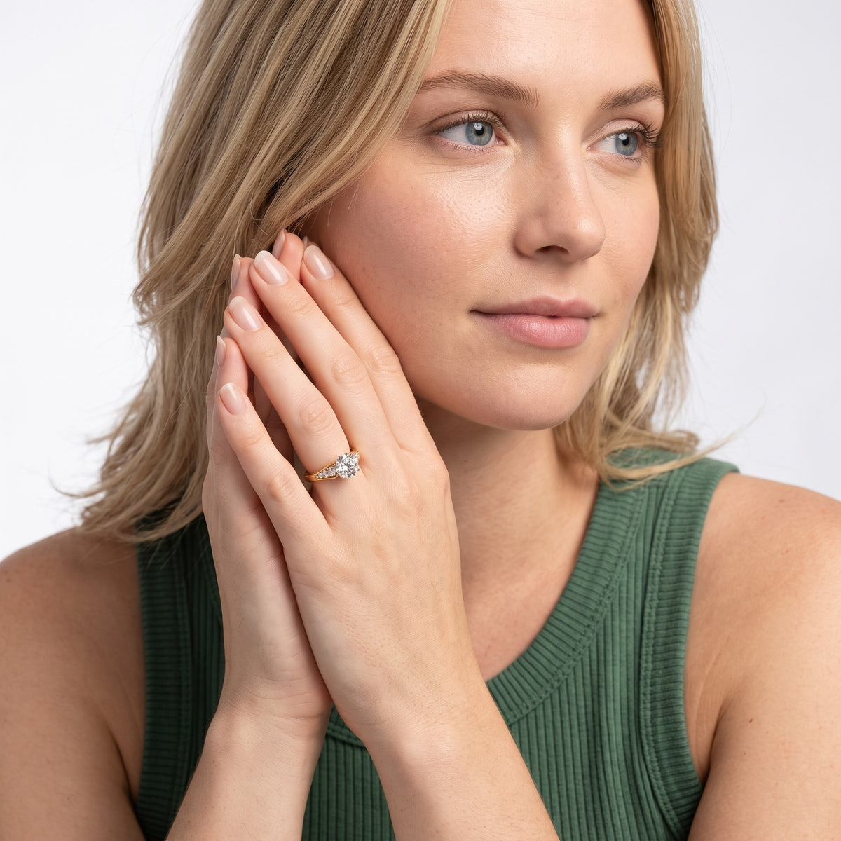 Kate Graduated Cathedral Round Diamond Engagement Ring in Yellow Gold - model.jpg