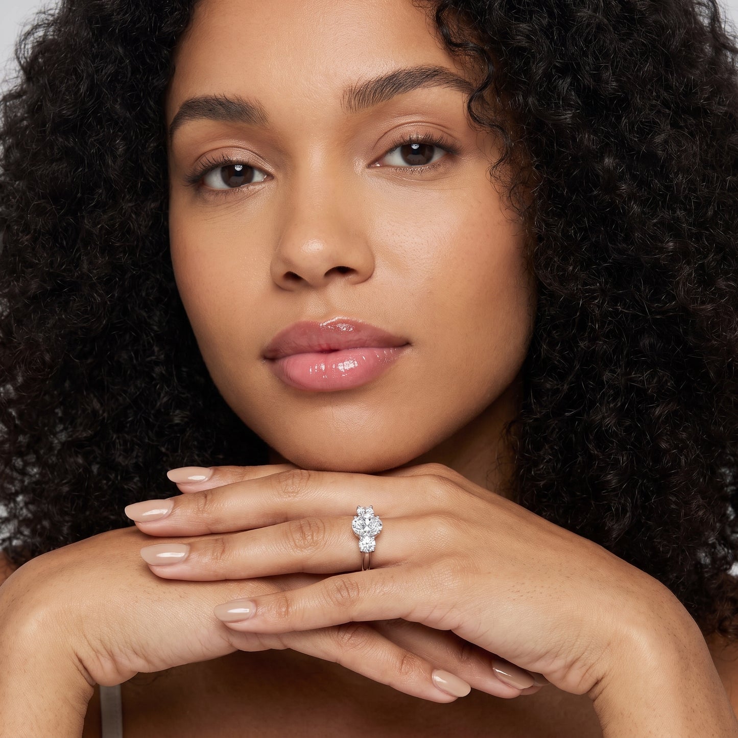 Callie Three-Stone Trellis Oval Diamond Engagement Ring in Silver - model.jpg