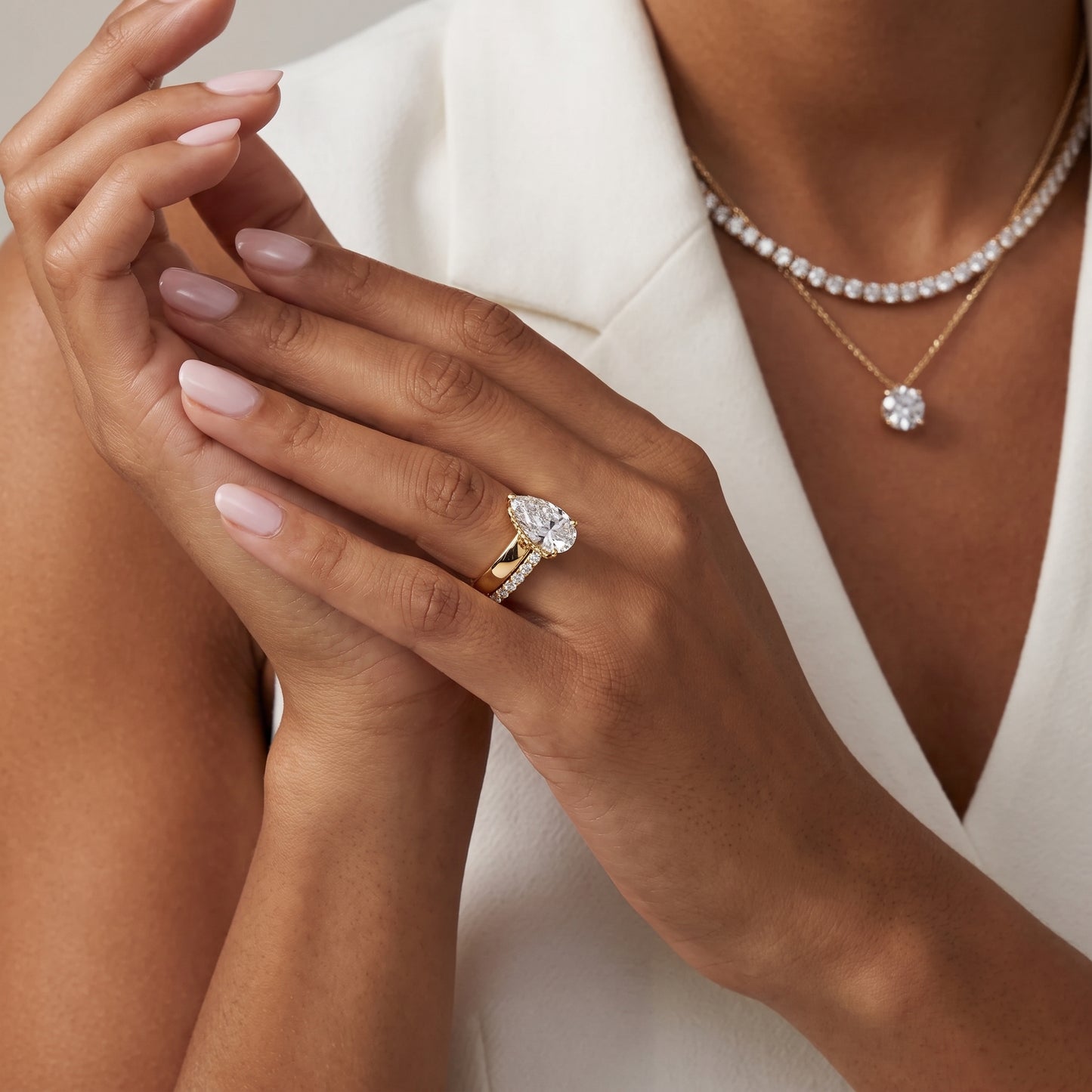 Veda Split Shank Pavé Pear Diamond Engagement Ring in Yellow Gold - model.jpg
