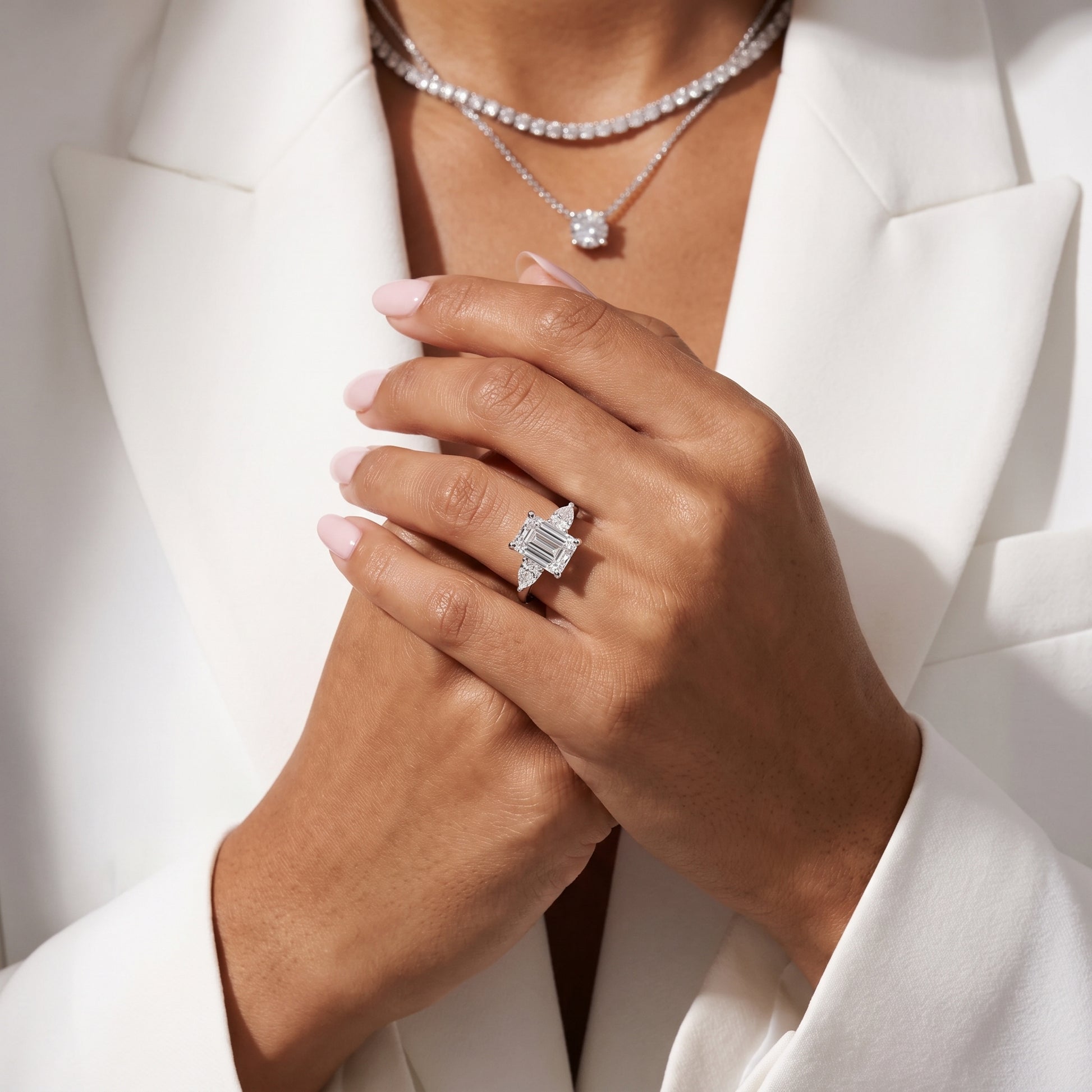 Faye Three-Stone Trellis Emerald Diamond Ring in Silver - model.jpg