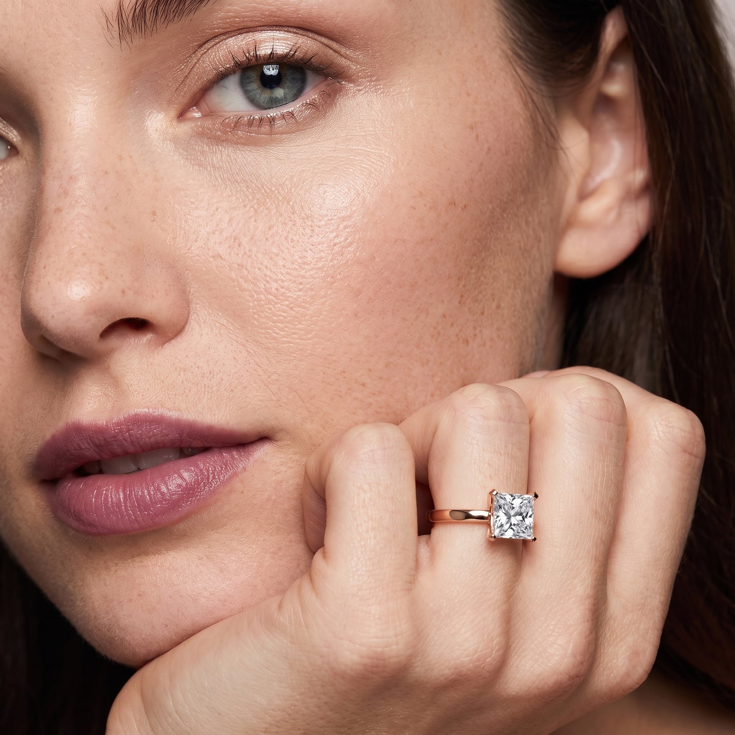 Liana Solitaire Claw Prong Princess Diamond Engagement Ring in Rose Gold - model.jpg