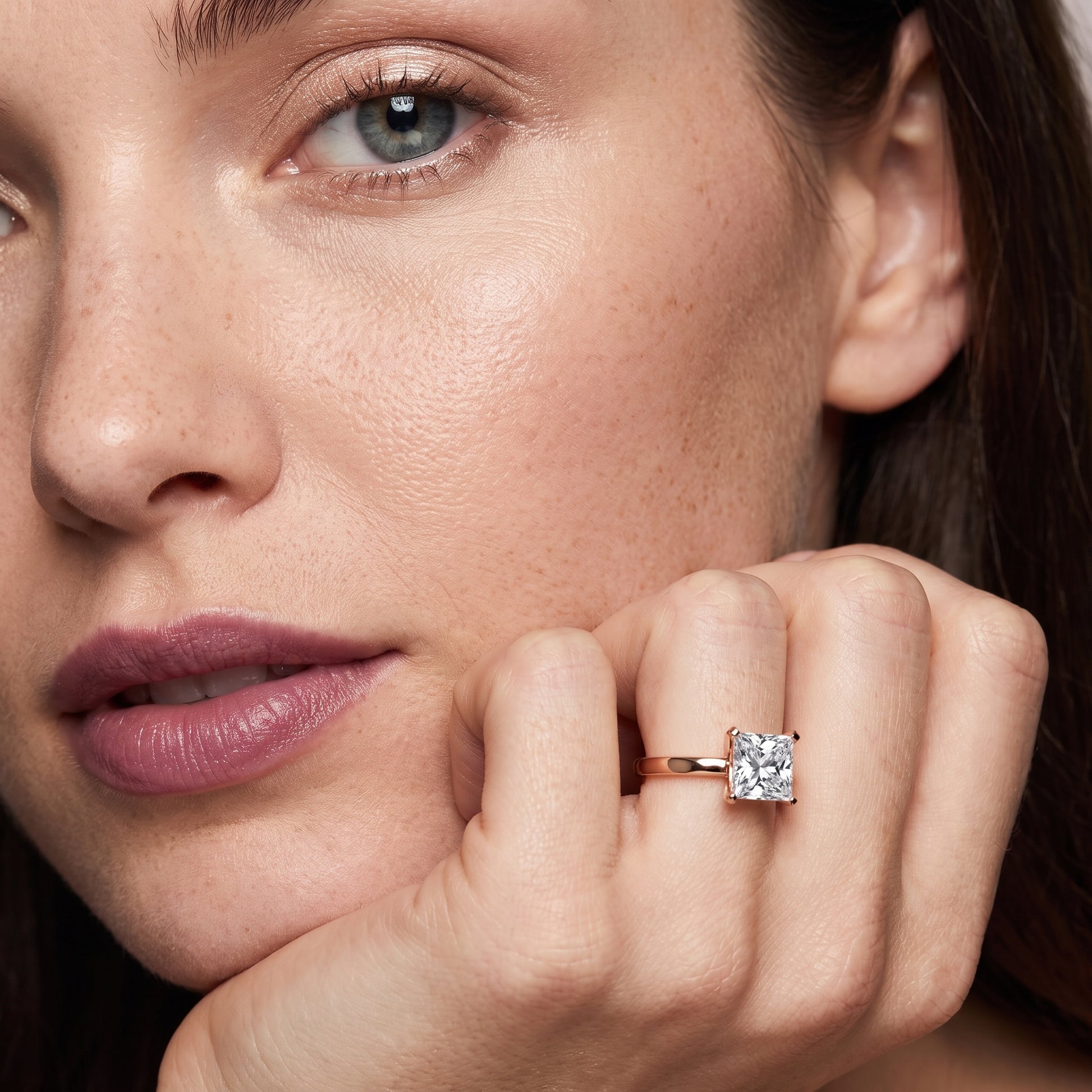 Liana Solitaire Claw Prong Princess Diamond Engagement Ring in Rose Gold - model.jpg