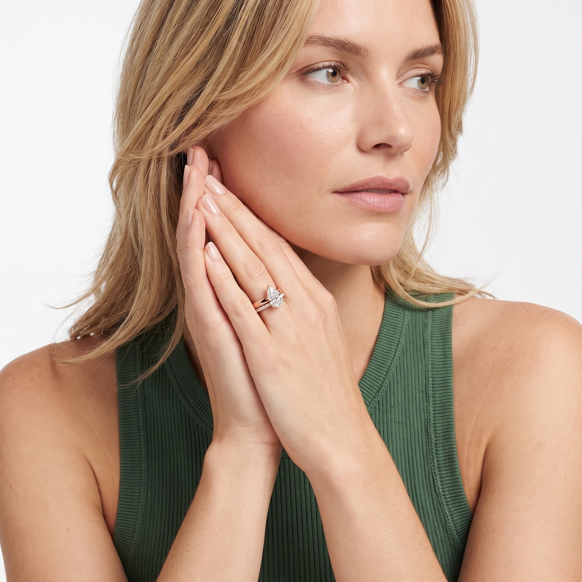 Veda Split Shank Pavé Pear Diamond Engagement Ring in Rose Gold - model.jpg