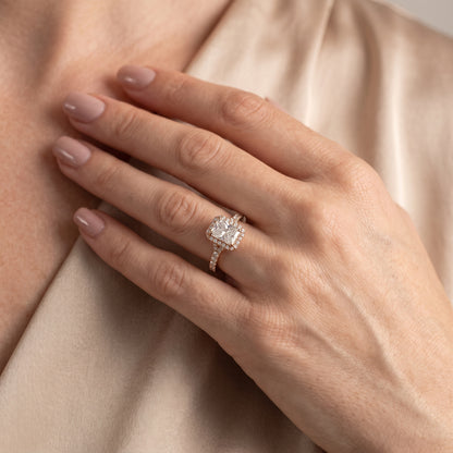 Bella Halo Pavé Radiant Diamond Engagement Ring in Rose Gold - model.jpg
