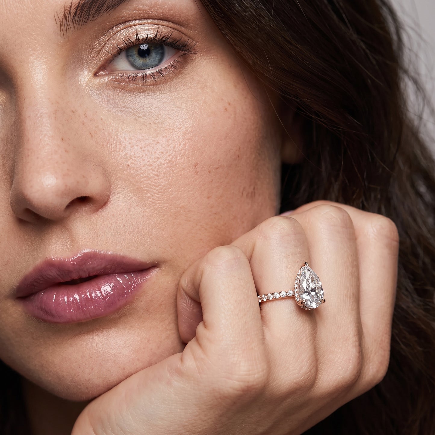 Thea Hidden Halo Pavé Pear Diamond Engagement Ring in Rose Gold - model.jpg