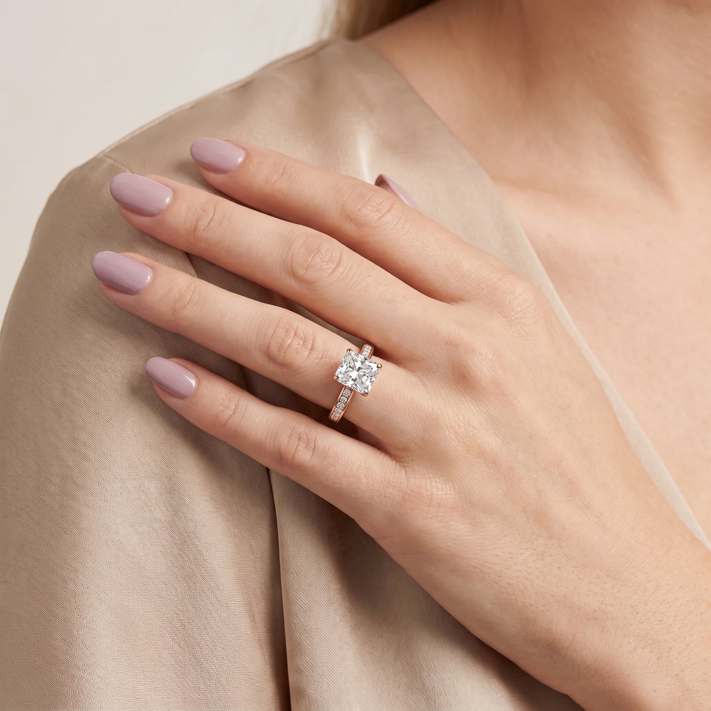 Maren Sidestone Channel Set Radiant Diamond Engagement Ring in Rose Gold - model.jpg