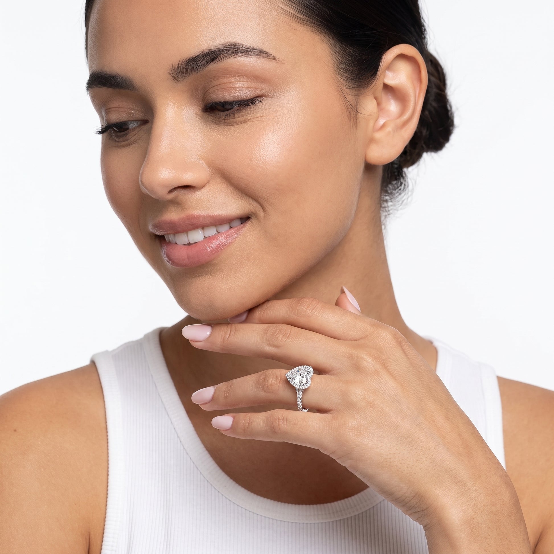 Bella Halo Pavé Heart Diamond Engagement Ring in Platinum - model.jpg