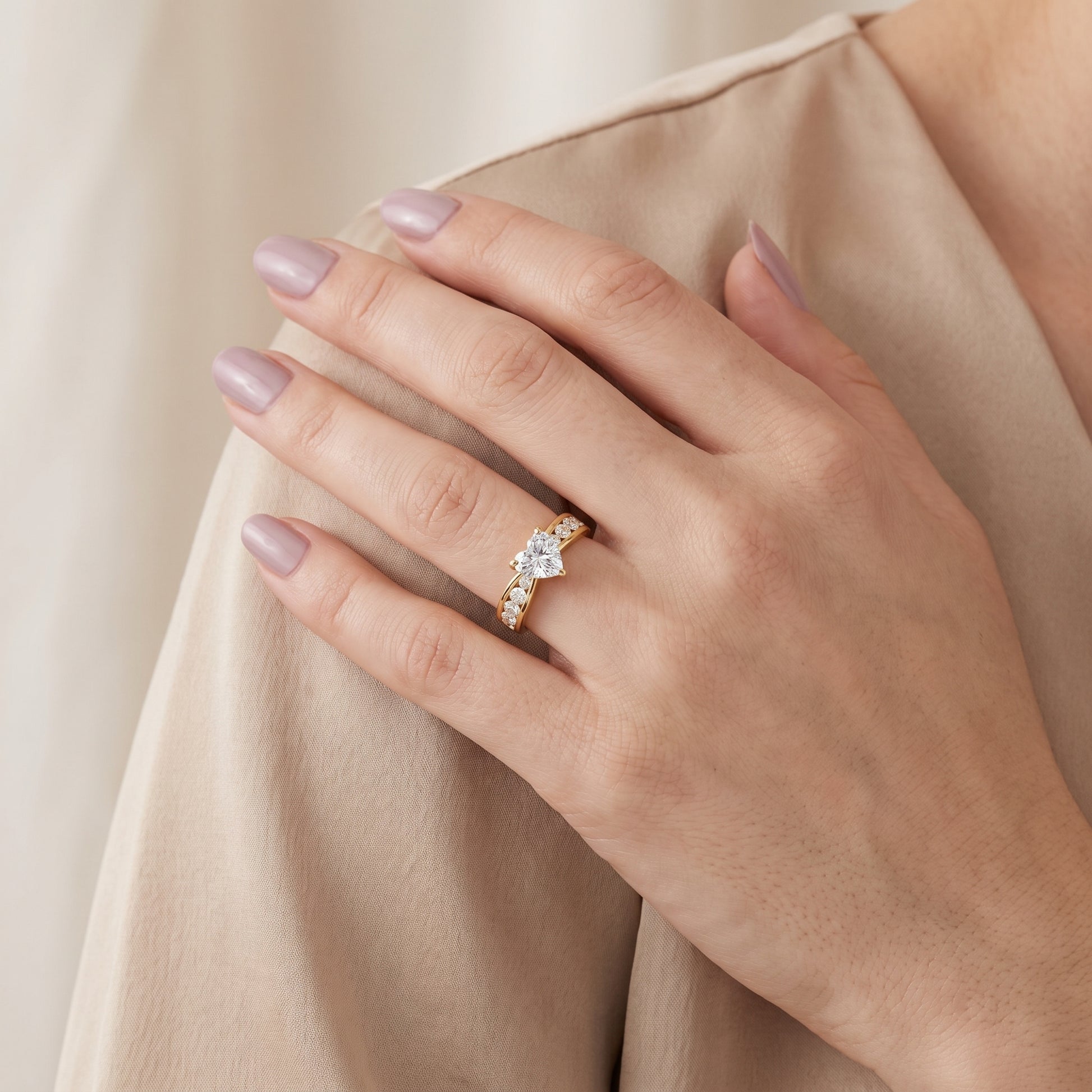 Noor Channel Set Sidestone Heart Diamond Engagement Ring in Yellow Gold - model.jpg