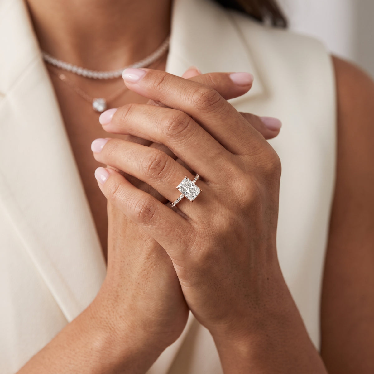 Olivia Solitaire Pavé Radiant Diamond Engagement Ring in Rose Gold - model.jpg