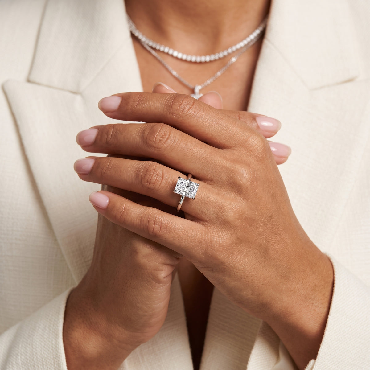 Nella Petite Solitaire Radiant Diamond Engagement Ring in White Gold - model.jpg
