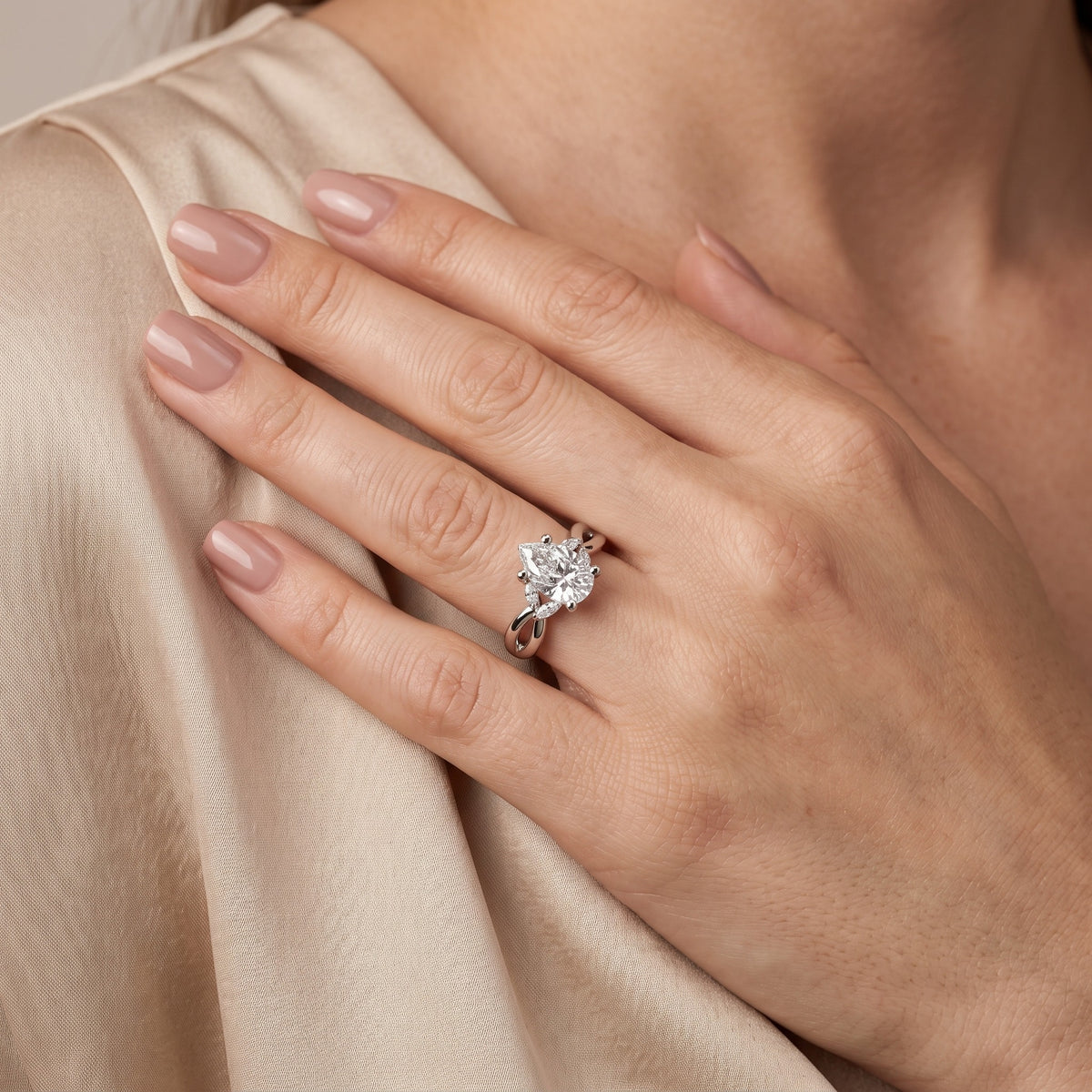 Luna Glow Twisted Pear Diamond Engagement Ring in Silver - model.jpg