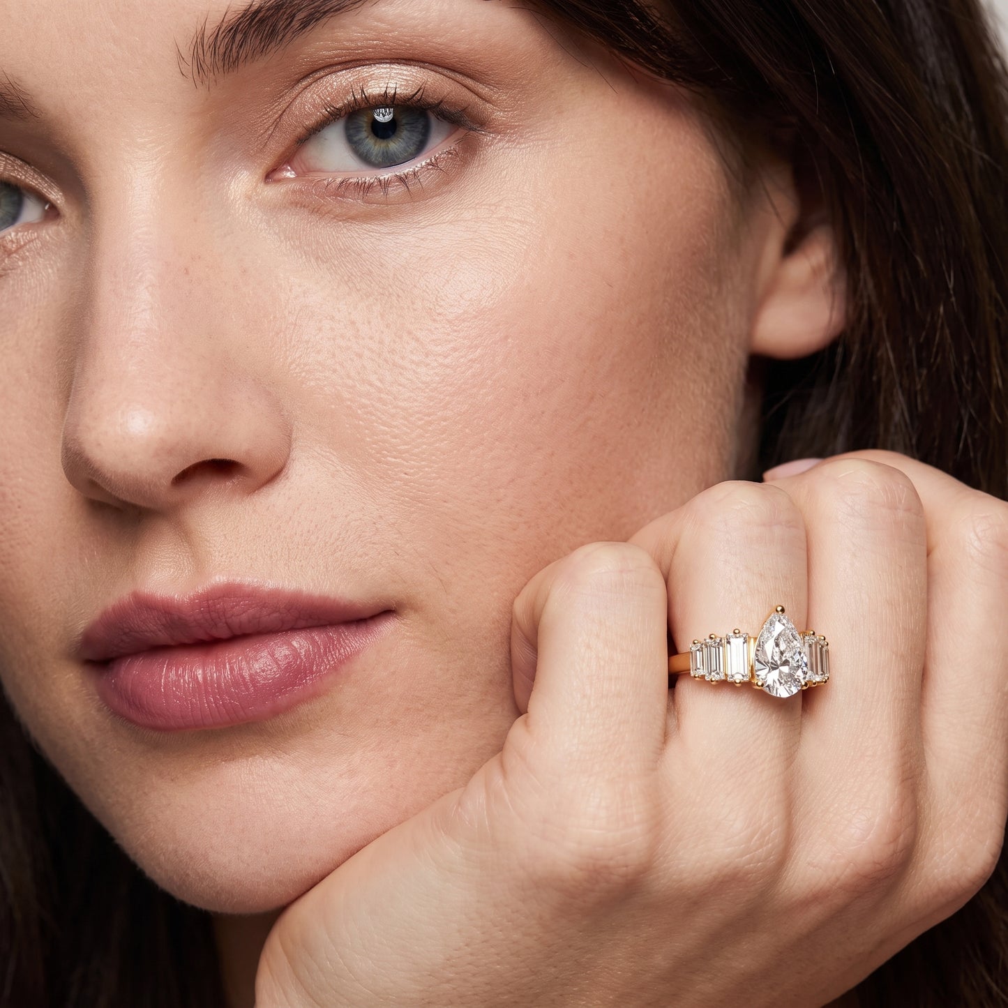 Mara Sidestone Baguette Accent Pear Diamond Engagement Ring in Yellow Gold - model.jpg