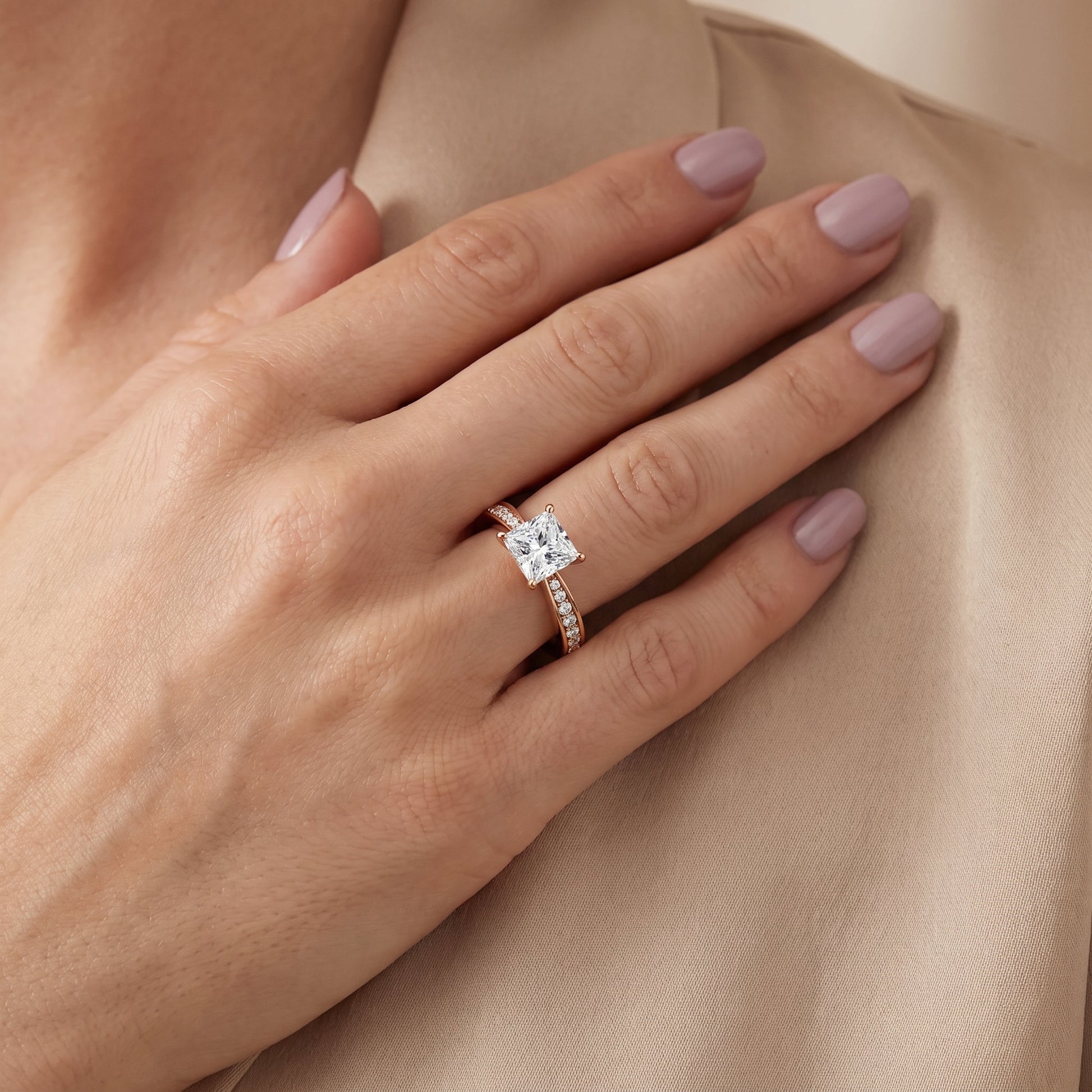 Rhea Sidestone Pavé Princess Diamond Engagement Ring in Rose Gold - model.jpg