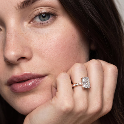 Rhea Sidestone Pavé Radiant Diamond Engagement Ring in Rose Gold - model.jpg