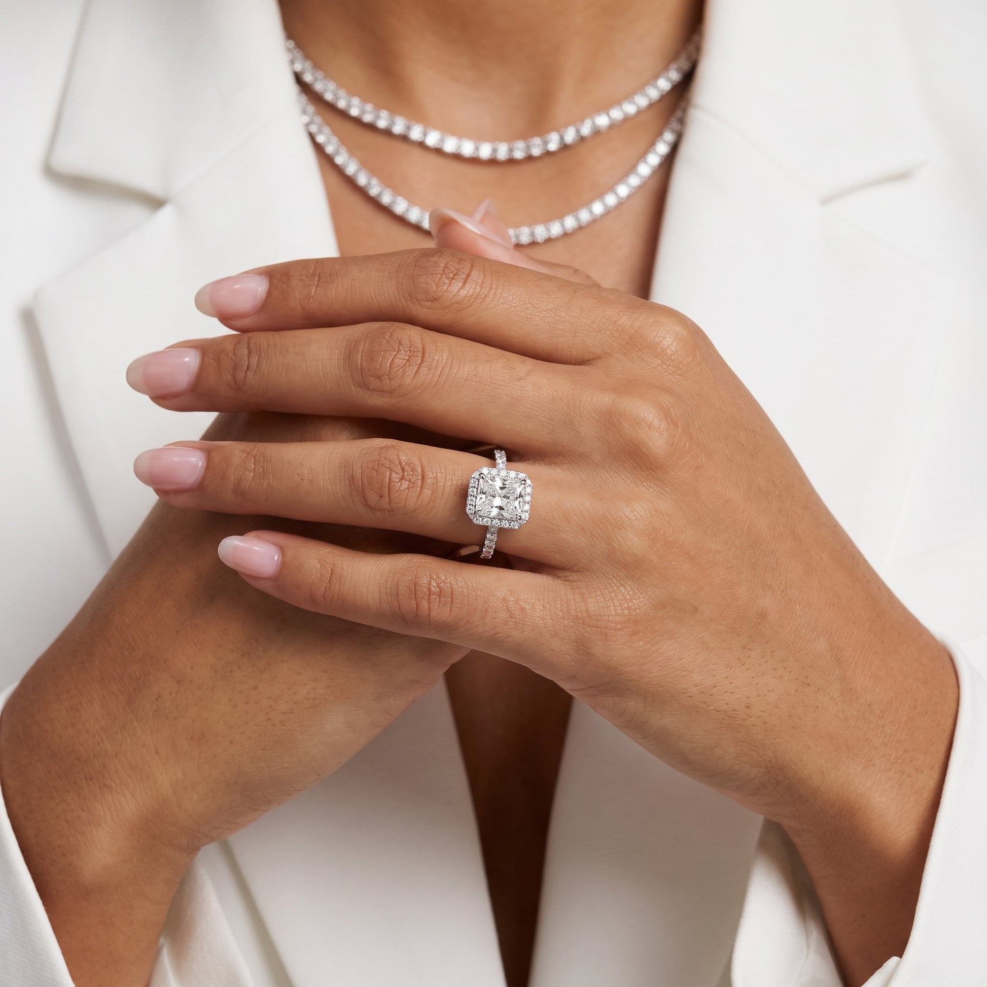 Amara Halo Claw Prong Radiant Diamond Ring in Silver - model.jpg
