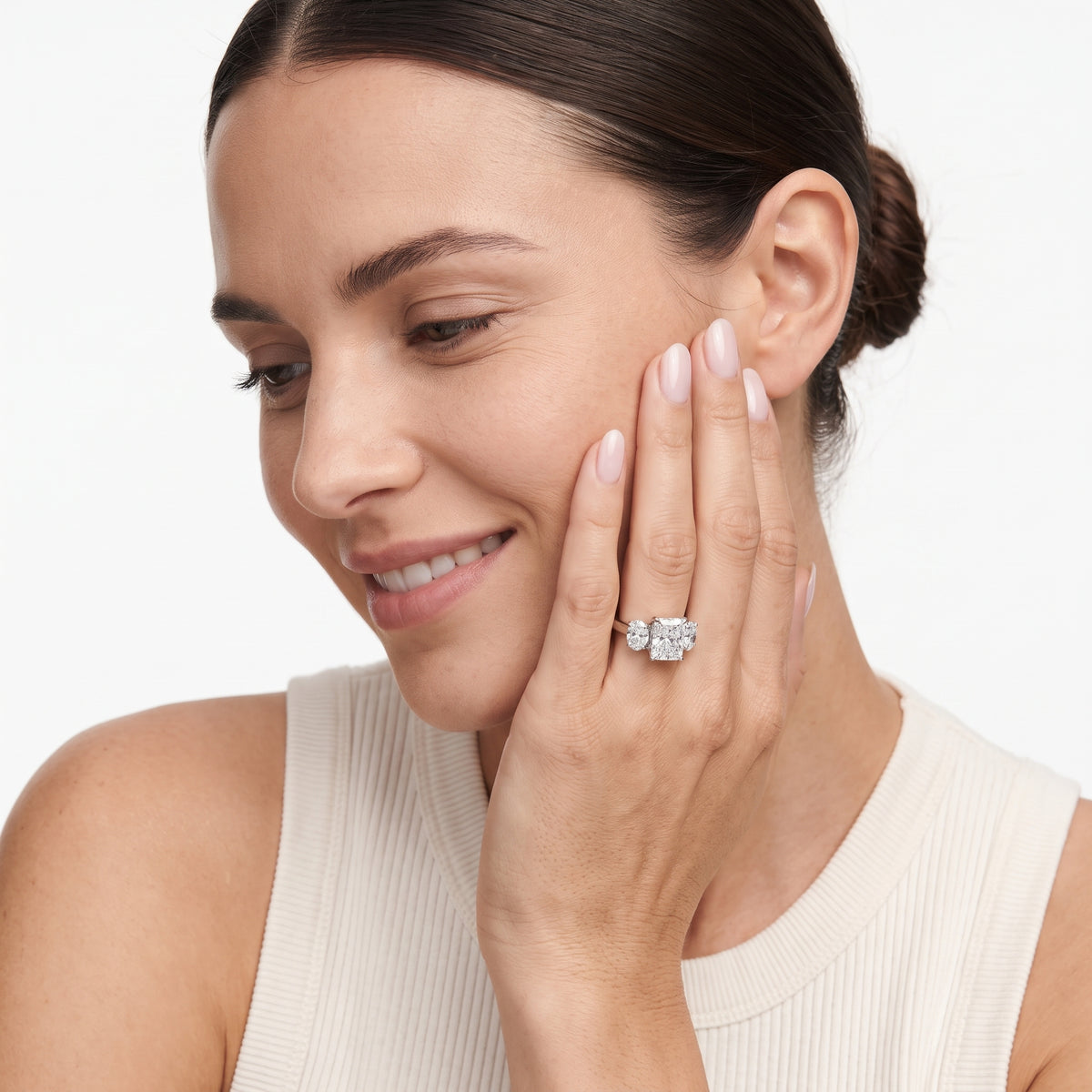 Lila Three-Stone Radiant Diamond Engagement Ring in Silver - model.jpg