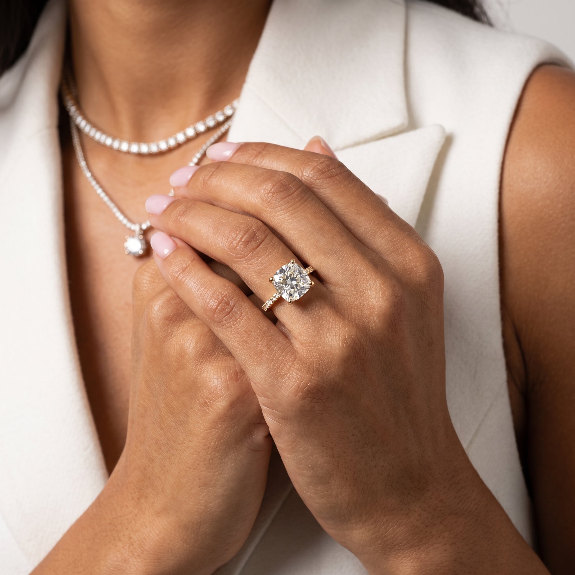 Rosie Solitaire Basket Cushion Diamond Engagement Ring in Yellow Gold - model.jpg