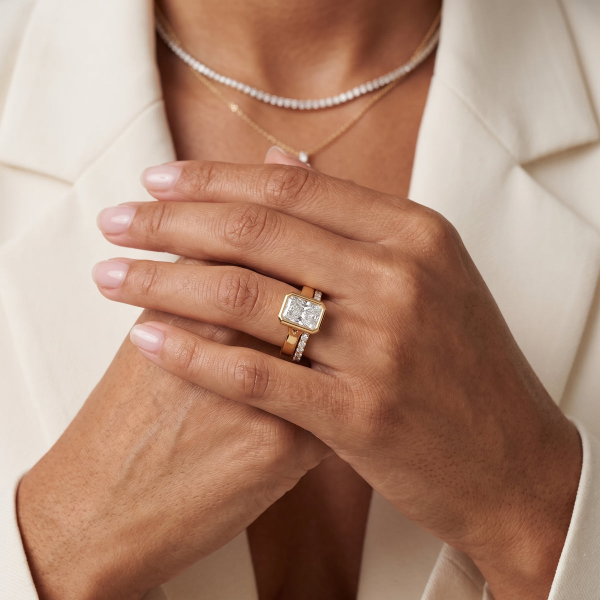 Ayla Bezel Bypass Radiant Diamond Engagement Ring in Yellow Gold - model.jpg