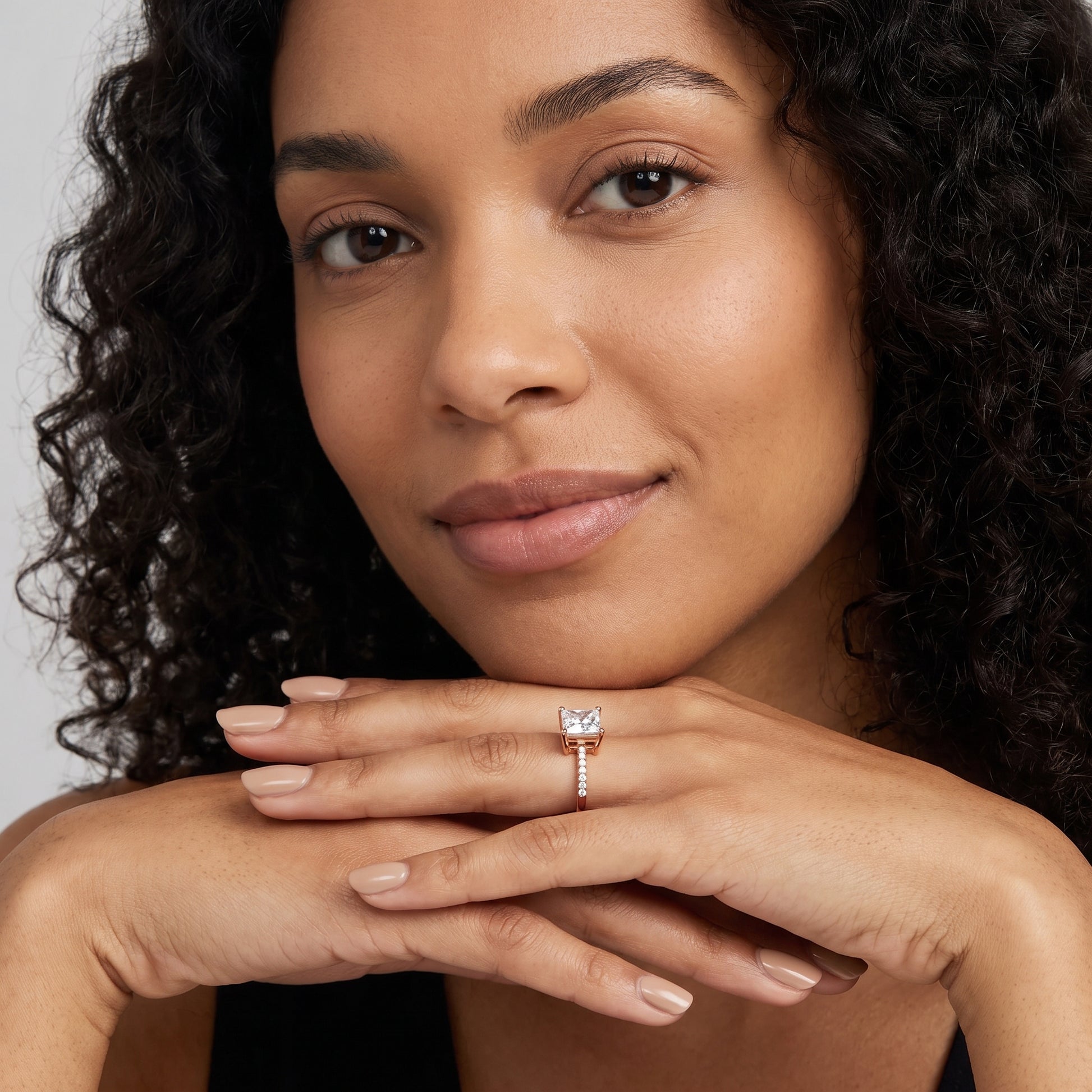 Rosie Solitaire Basket Princess Diamond Engagement Ring in Rose Gold - model.jpg