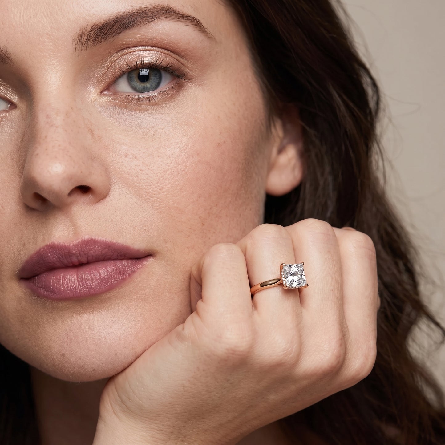 Mena Hidden Halo Princess Diamond Engagement Ring in Rose Gold - model.jpg
