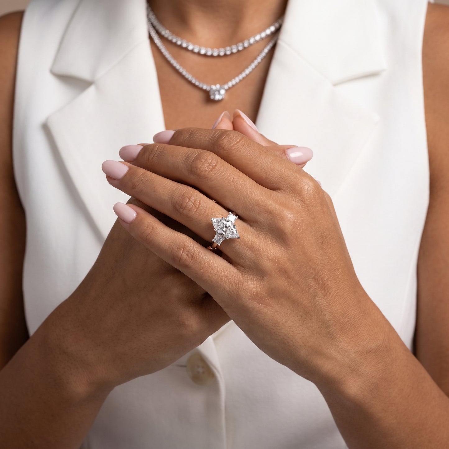 Selena Three-Stone Basket Marquise Diamond Ring in Silver - model.jpg