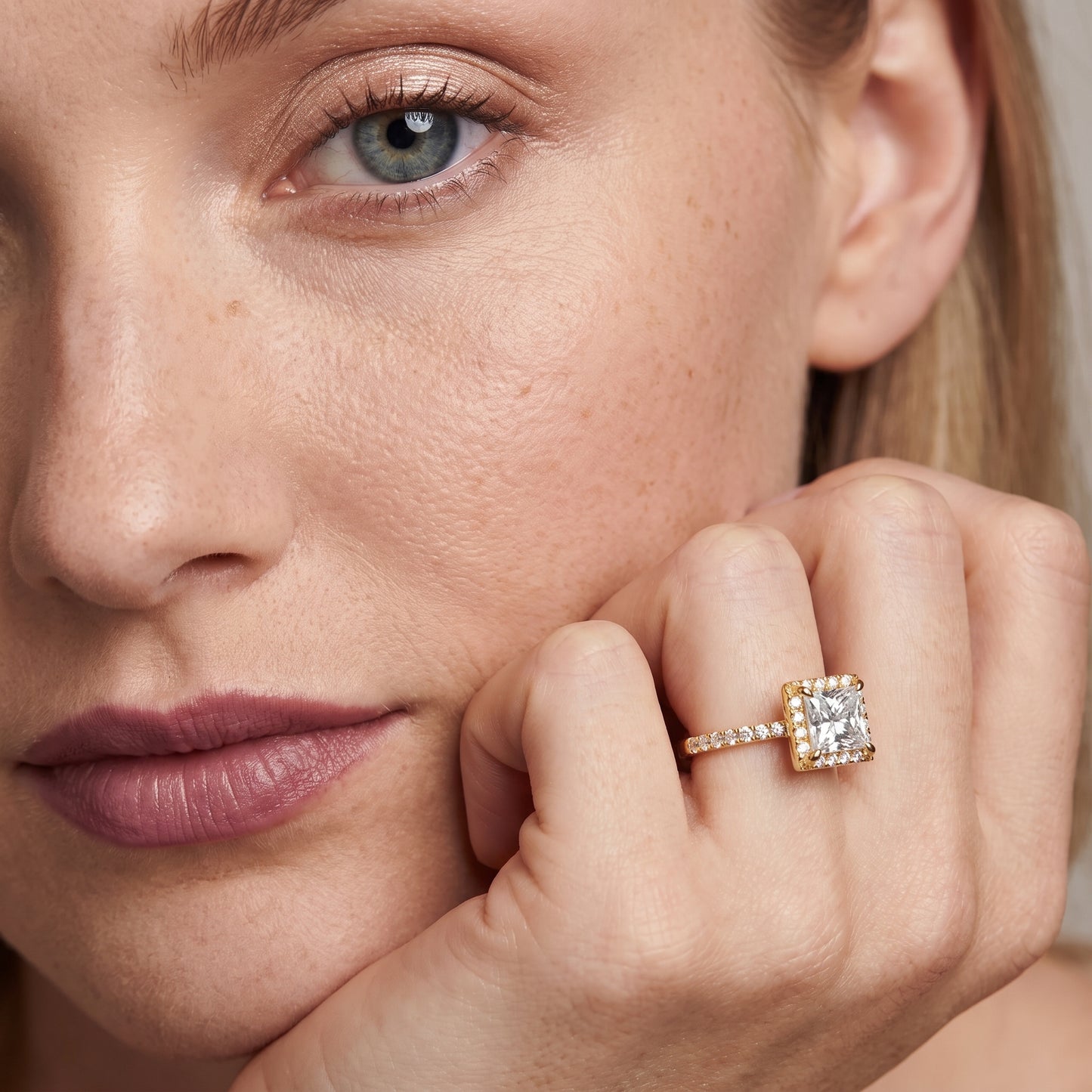 Amara Halo Claw Prong Princess Diamond Ring in Yellow Gold - model.jpg