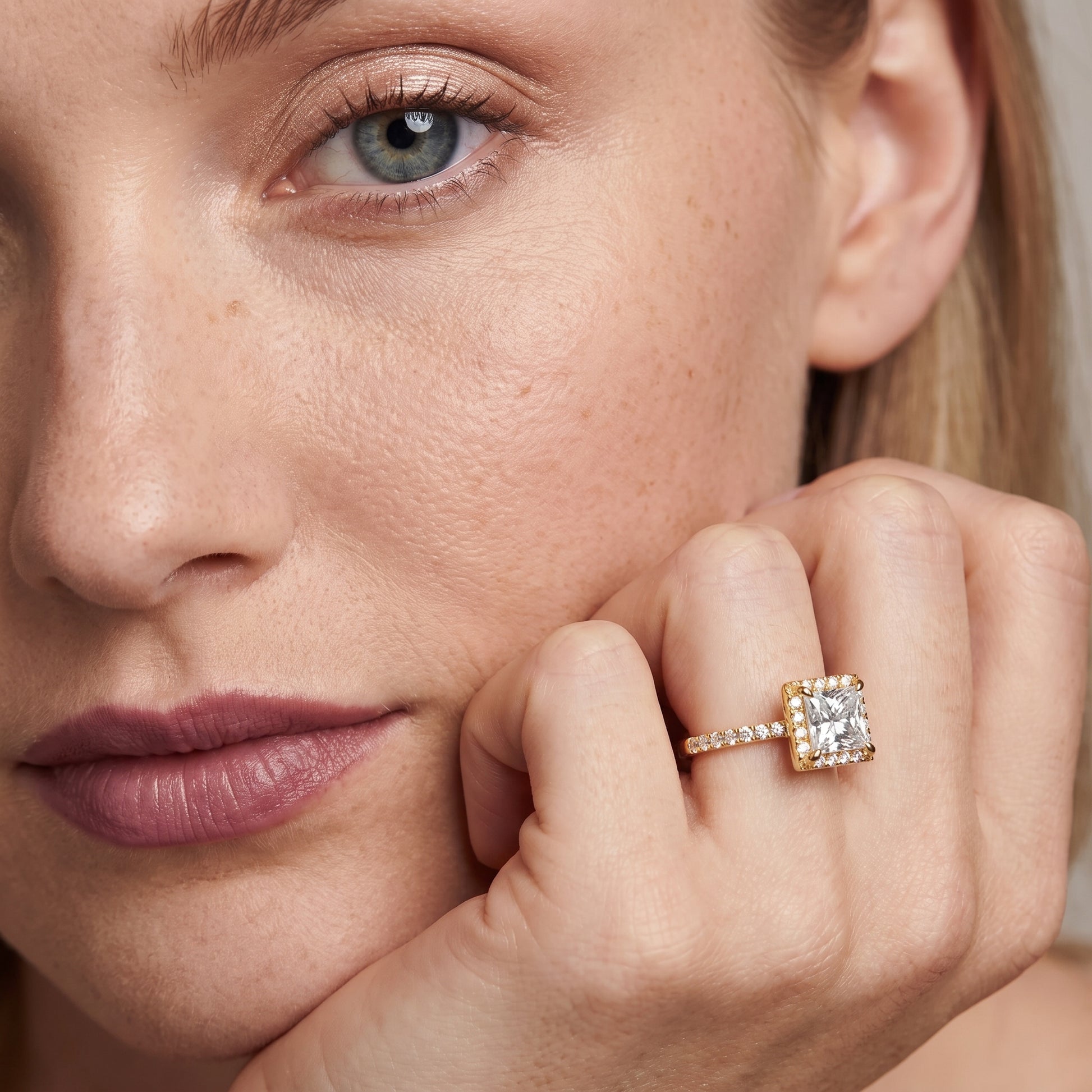 Amara Halo Claw Prong Princess Diamond Ring in Yellow Gold - model.jpg