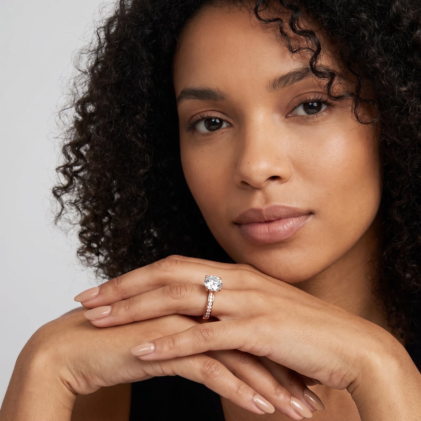 Rhea Sidestone Pavé Round Diamond Engagement Ring in Rose Gold - model.jpg