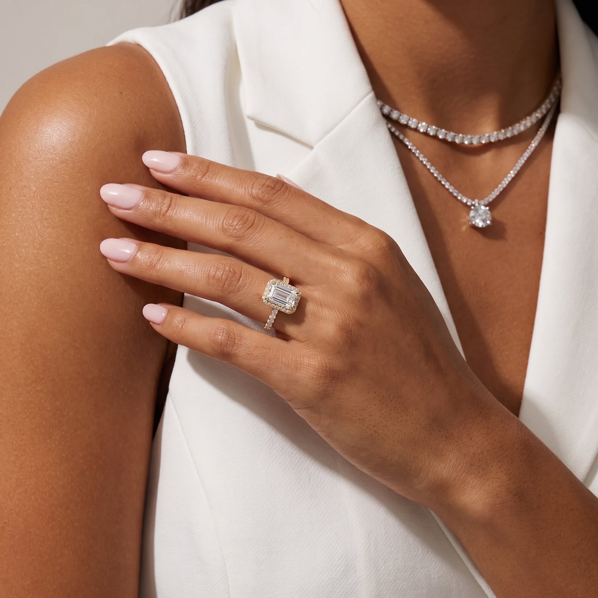Chloe Halo Pavé Emerald Diamond Ring in Yellow Gold - model.jpg