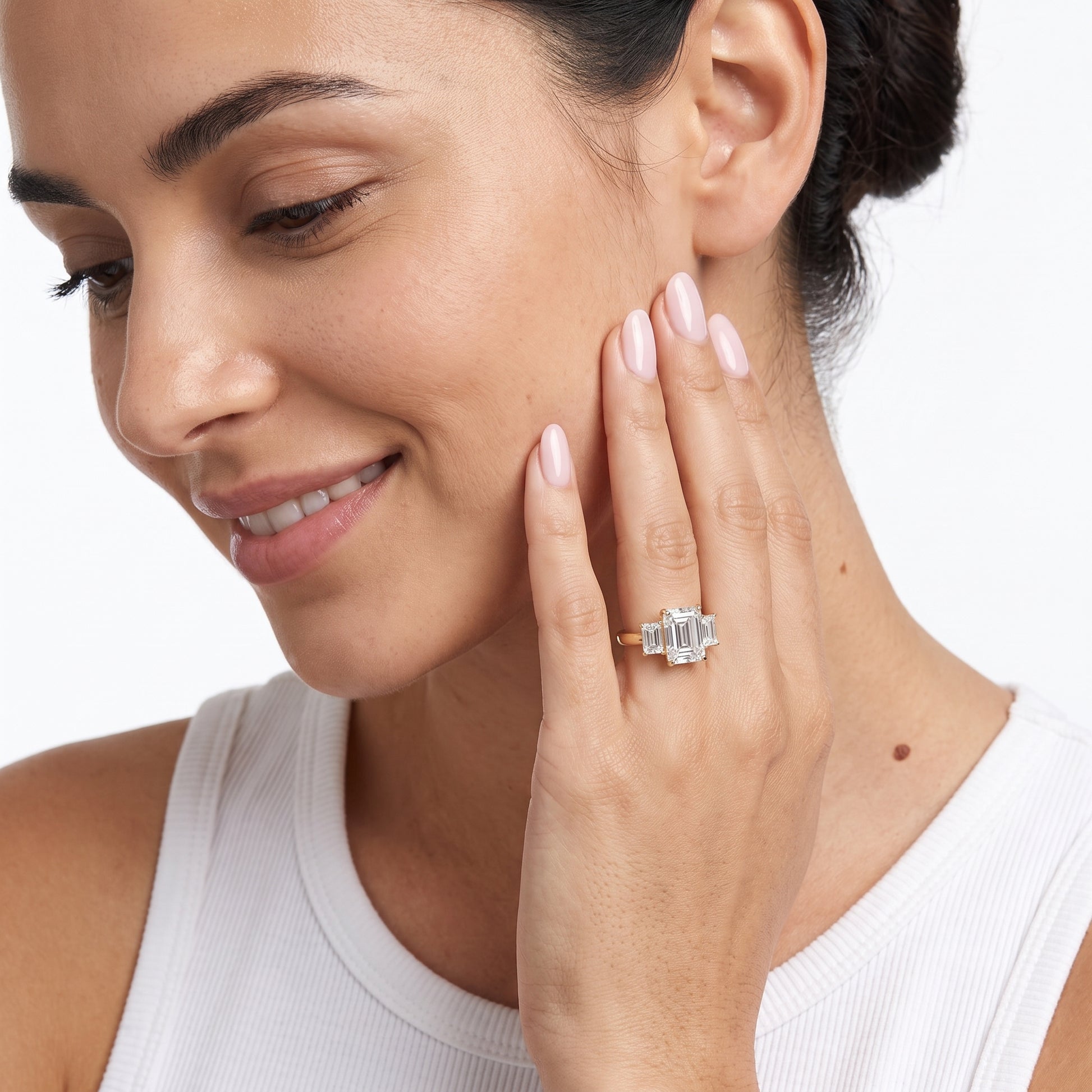 Zoe Three-Stone Emerald Diamond Ring in Yellow Gold - model.jpg
