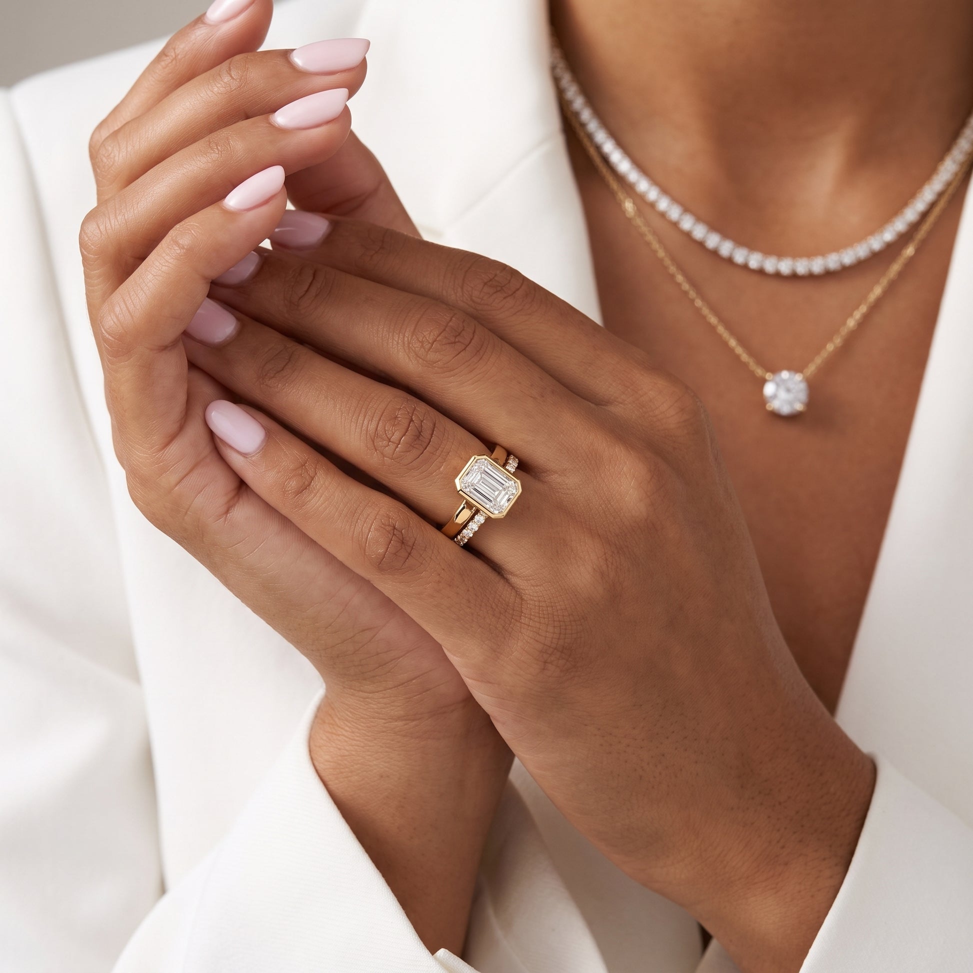 Ayla Bezel Bypass Emerald Diamond Ring in Yellow Gold - model.jpg
