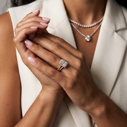Kira Halo Split Shank Radiant Diamond Engagement Ring in Rose Gold - model.jpg