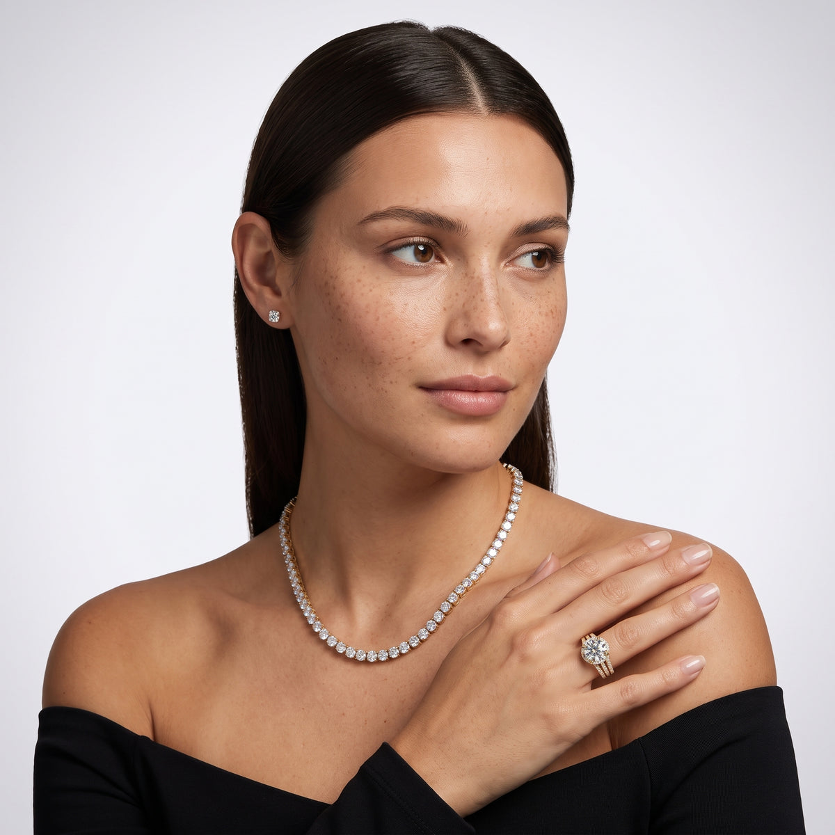 Francesca Chevron Halo Round Diamond Engagement Ring in Silver - model.jpg
